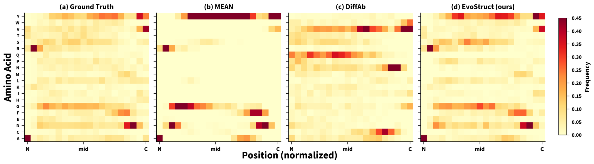 Per-position amino acid frequency heatmaps for the deposited loops, MEAN, DiffAb and EvoStruct